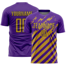 Charger l'image dans la galerie, Custom Purple Old Gold-Black Distressed Diagonal Stripe Pattern Sports Sublimation Soccer Uniform Jersey
