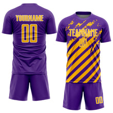 Load image into Gallery viewer, Custom Purple Gold-White Distressed Diagonal Stripe Pattern Sports Sublimation Soccer Uniform Jersey
