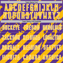 Load image into Gallery viewer, Custom Purple Gold-White Distressed Diagonal Stripe Pattern Sports Sublimation Soccer Uniform Jersey
