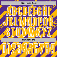 Load image into Gallery viewer, Custom Purple Gold-White Distressed Diagonal Stripe Pattern Sports Sublimation Soccer Uniform Jersey
