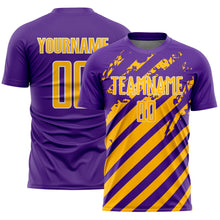 Load image into Gallery viewer, Custom Purple Gold-White Distressed Diagonal Stripe Pattern Sports Sublimation Soccer Uniform Jersey
