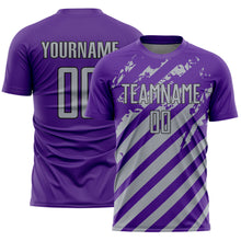 Загрузить изображение в средство просмотра галереи, Custom Purple Gray-Black Distressed Diagonal Stripe Pattern Sports Sublimation Soccer Uniform Jersey
