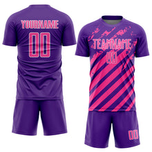 Загрузить изображение в средство просмотра галереи, Custom Purple Pink-White Distressed Diagonal Stripe Pattern Sports Sublimation Soccer Uniform Jersey
