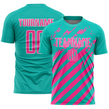Load image into Gallery viewer, Custom Aqua Pink-White Distressed Diagonal Stripe Pattern Sports Sublimation Soccer Uniform Jersey

