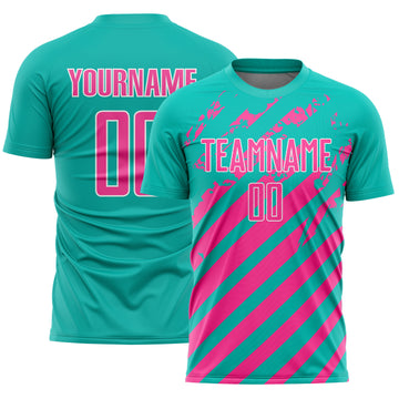 Custom Aqua Pink-White Distressed Diagonal Stripe Pattern Sports Sublimation Soccer Uniform Jersey