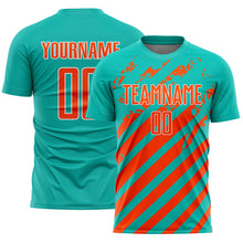 Load image into Gallery viewer, Custom Aqua Orange-White Distressed Diagonal Stripe Pattern Sports Sublimation Soccer Uniform Jersey
