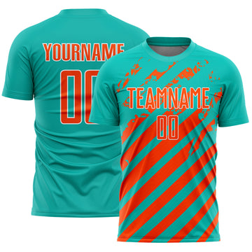 Custom Aqua Orange-White Distressed Diagonal Stripe Pattern Sports Sublimation Soccer Uniform Jersey