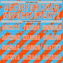 Load image into Gallery viewer, Custom Sky Blue Orange-White Distressed Diagonal Stripe Pattern Sports Sublimation Soccer Uniform Jersey
