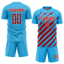Laden Sie das Bild in den Galerie-Viewer, Custom Sky Blue Red-White Distressed Diagonal Stripe Pattern Sports Sublimation Soccer Uniform Jersey
