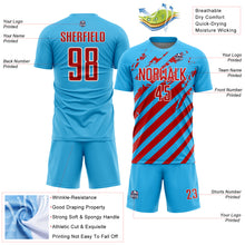 Laden Sie das Bild in den Galerie-Viewer, Custom Sky Blue Red-White Distressed Diagonal Stripe Pattern Sports Sublimation Soccer Uniform Jersey
