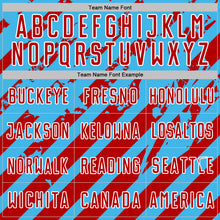 Laden Sie das Bild in den Galerie-Viewer, Custom Sky Blue Red-White Distressed Diagonal Stripe Pattern Sports Sublimation Soccer Uniform Jersey
