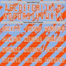 Load image into Gallery viewer, Custom Light Blue Orange-White Distressed Diagonal Stripe Pattern Sports Sublimation Soccer Uniform Jersey
