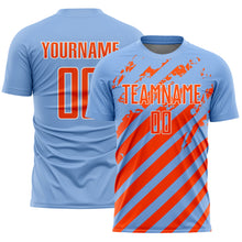 Load image into Gallery viewer, Custom Light Blue Orange-White Distressed Diagonal Stripe Pattern Sports Sublimation Soccer Uniform Jersey
