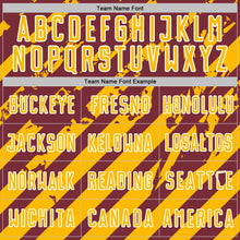 Загрузить изображение в средство просмотра галереи, Custom Burgundy Gold-White Distressed Diagonal Stripe Pattern Sports Sublimation Soccer Uniform Jersey
