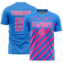 Загрузить изображение в средство просмотра галереи, Custom Powder Blue Pink-White Distressed Diagonal Stripe Pattern Sports Sublimation Soccer Uniform Jersey
