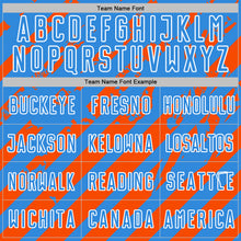 Загрузить изображение в средство просмотра галереи, Custom Powder Blue White-Orange Distressed Diagonal Stripe Pattern Sports Sublimation Soccer Uniform Jersey
