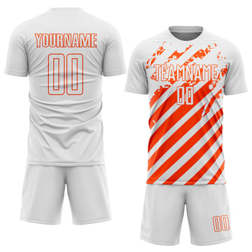 Custom White Orange Distressed Diagonal Stripe Pattern Sports Sublimation Soccer Uniform Jersey