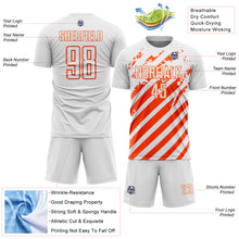 Charger l'image dans la galerie, Custom White Orange Distressed Diagonal Stripe Pattern Sports Sublimation Soccer Uniform Jersey
