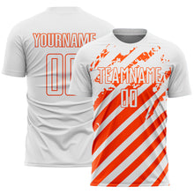 Charger l'image dans la galerie, Custom White Orange Distressed Diagonal Stripe Pattern Sports Sublimation Soccer Uniform Jersey
