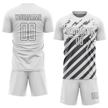 Charger l'image dans la galerie, Custom White Steel Gray Distressed Diagonal Stripe Pattern Sports Sublimation Soccer Uniform Jersey
