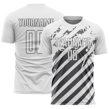Charger l'image dans la galerie, Custom White Steel Gray Distressed Diagonal Stripe Pattern Sports Sublimation Soccer Uniform Jersey
