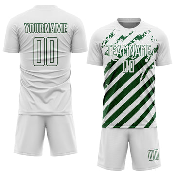 Custom White Green Distressed Diagonal Stripe Pattern Sports Sublimation Soccer Uniform Jersey