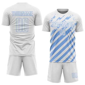 Custom White Light Blue Distressed Diagonal Stripe Pattern Sports Sublimation Soccer Uniform Jersey