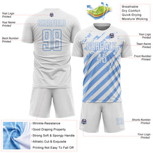 Charger l'image dans la galerie, Custom White Light Blue Distressed Diagonal Stripe Pattern Sports Sublimation Soccer Uniform Jersey
