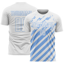 Charger l'image dans la galerie, Custom White Light Blue Distressed Diagonal Stripe Pattern Sports Sublimation Soccer Uniform Jersey
