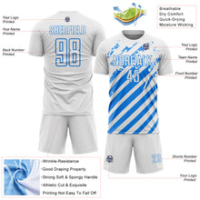 Загрузить изображение в средство просмотра галереи, Custom White Powder Blue Distressed Diagonal Stripe Pattern Sports Sublimation Soccer Uniform Jersey
