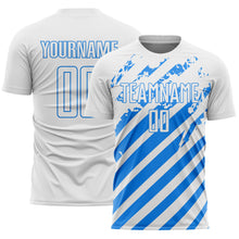 Загрузить изображение в средство просмотра галереи, Custom White Powder Blue Distressed Diagonal Stripe Pattern Sports Sublimation Soccer Uniform Jersey
