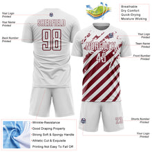 Загрузить изображение в средство просмотра галереи, Custom White Burgundy Distressed Diagonal Stripe Pattern Sports Sublimation Soccer Uniform Jersey
