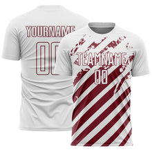 Загрузить изображение в средство просмотра галереи, Custom White Burgundy Distressed Diagonal Stripe Pattern Sports Sublimation Soccer Uniform Jersey
