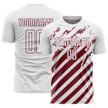 Custom White Burgundy Distressed Diagonal Stripe Pattern Sports Sublimation Soccer Uniform Jersey