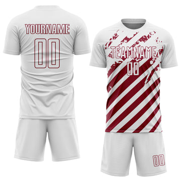 Custom White Crimson Distressed Diagonal Stripe Pattern Sports Sublimation Soccer Uniform Jersey