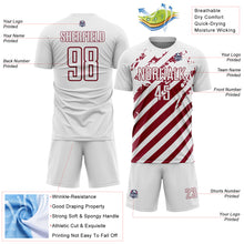 Загрузить изображение в средство просмотра галереи, Custom White Crimson Distressed Diagonal Stripe Pattern Sports Sublimation Soccer Uniform Jersey
