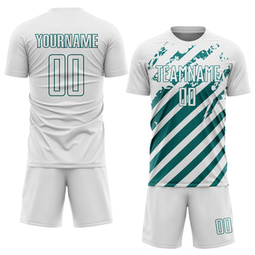 Custom White Teal Distressed Diagonal Stripe Pattern Sports Sublimation Soccer Uniform Jersey