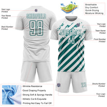 Загрузить изображение в средство просмотра галереи, Custom White Teal Distressed Diagonal Stripe Pattern Sports Sublimation Soccer Uniform Jersey

