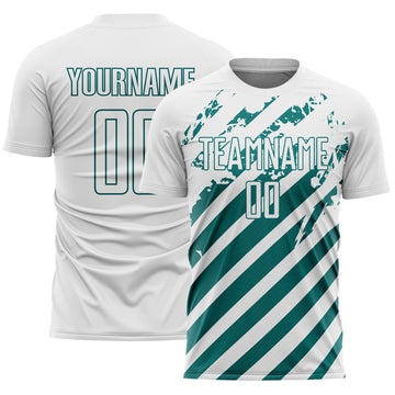 Custom White Teal Distressed Diagonal Stripe Pattern Sports Sublimation Soccer Uniform Jersey