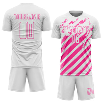 Custom White Pink Distressed Diagonal Stripe Pattern Sports Sublimation Soccer Uniform Jersey