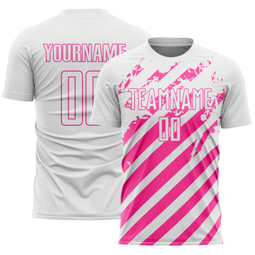Custom White Pink Distressed Diagonal Stripe Pattern Sports Sublimation Soccer Uniform Jersey