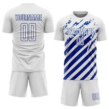 Загрузить изображение в средство просмотра галереи, Custom White Royal Distressed Diagonal Stripe Pattern Sports Sublimation Soccer Uniform Jersey
