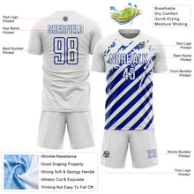 Загрузить изображение в средство просмотра галереи, Custom White Royal Distressed Diagonal Stripe Pattern Sports Sublimation Soccer Uniform Jersey
