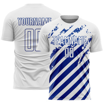Custom White Royal Distressed Diagonal Stripe Pattern Sports Sublimation Soccer Uniform Jersey