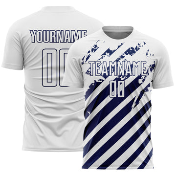 Custom White Navy Distressed Diagonal Stripe Pattern Sports Sublimation Soccer Uniform Jersey