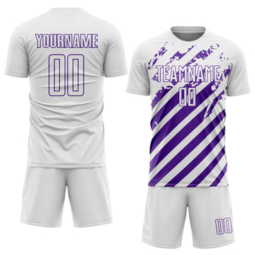 Custom White Purple Distressed Diagonal Stripe Pattern Sports Sublimation Soccer Uniform Jersey