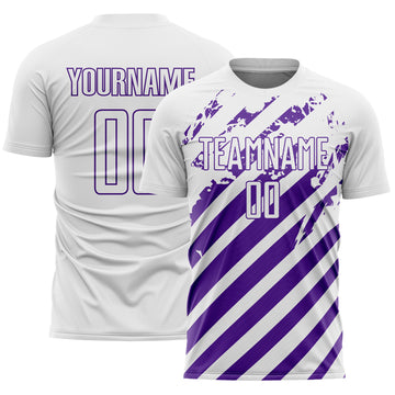 Custom White Purple Distressed Diagonal Stripe Pattern Sports Sublimation Soccer Uniform Jersey