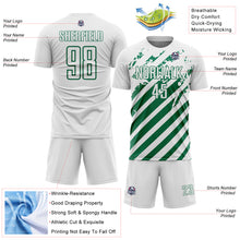 Загрузить изображение в средство просмотра галереи, Custom White Kelly Green Distressed Diagonal Stripe Pattern Sports Sublimation Soccer Uniform Jersey
