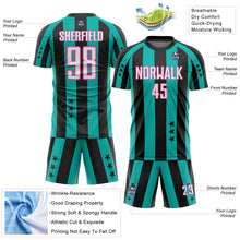 Laden Sie das Bild in den Galerie-Viewer, Custom Black White Aqua-Pink Stars And Stripes Sports Sublimation Soccer Uniform Jersey
