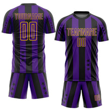 Laden Sie das Bild in den Galerie-Viewer, Custom Black Purple-Yellow Stars And Stripes Sports Sublimation Soccer Uniform Jersey
